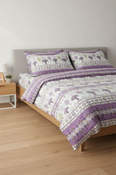 Çift Kişilik Pamuklu Ağaç Desen Nevresim Takımı (Çarşafı Lastikli) Mor