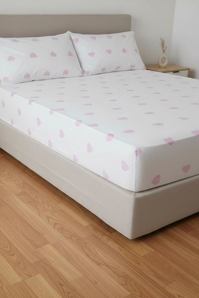 PAMUKLU KALP DESEN ÇİFT KİŞİLİK LASTİKLİ ÇARŞAF TAKIMI PEMBE BEYAZ