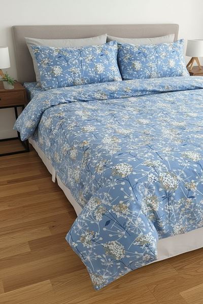 180 X 200 Battal Boy Lastikli Çarşaf Nevresim Takımı Papatya Mavi