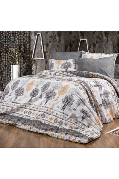 180 X 200 Battal Boy Lastikli Çarşaf Ağaç Desen Nevresim Takımı Gri