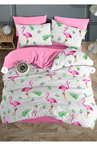 180 X 200 Battal Boy Lastikli Çarşaf Nevresim Takımı Pembe Flamingo