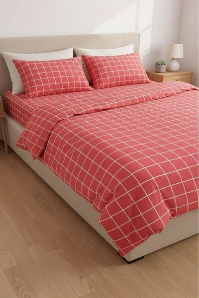 180 X 200 Battal Boy Lastikli Çarşaf Kareli Nevresim Takımı Kırmızı