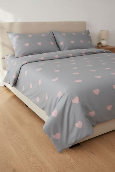 180 X 200 Battal Boy Lastikli Çarşaf Kalp Desen Nevresim Takımı Gri