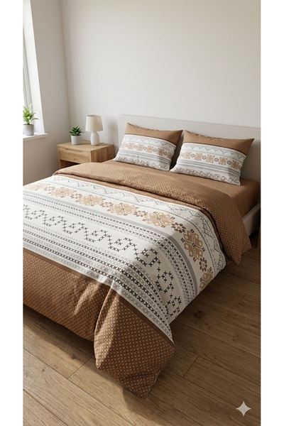180 X 200 Battal Boy Lastikli Çarşaf Kanaviçe Desen Nevresim Takımı Kahverengi