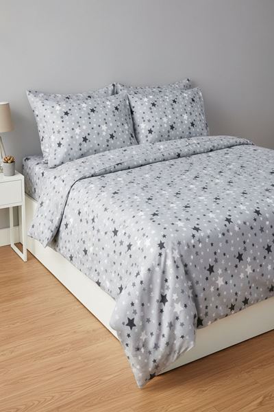 180 X 200 Battal Boy Lastikli Çarşaf Yıldız Desen Nevresim Takımı (Fitted) Gri