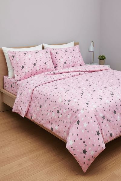 180 X 200 Battal Boy Lastikli Çarşaf Yıldız Desen Nevresim Takımı (Fitted) Pembe