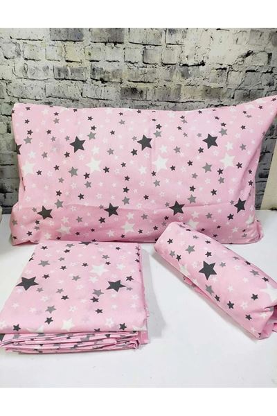 180 X 200 Battal Boy Lastikli Çarşaf Yıldız Desen Nevresim Takımı (Fitted) Pembe