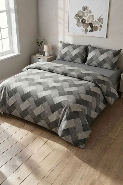 Pamuklu Yeni Zikzak Desen Çift Kişilik Nevresim Takım ( Çarşafı Lastikli ) Gri