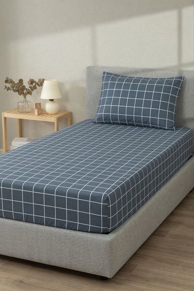 Pamuklu Tek Kişilik Lastikli Çarşaf Takımı Kareli Antrasit