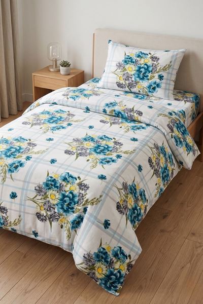 %100 Pamuk Kumaş Yeni Buket Desen Tek Kişilik Nevresim Takımı Turkuaz