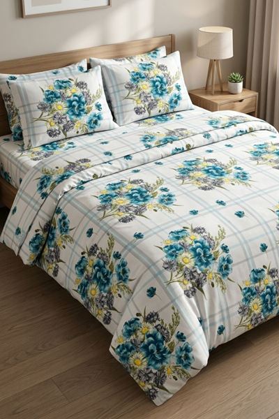 %100 Pamuk Kumaş Yeni Buket Desen Çift Kişilik Nevresim Takımı Turkuaz