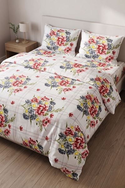 %100 Pamuk Kumaş Yeni Buket Desen Çift Kişilik Nevresim Takımı Kırmızı