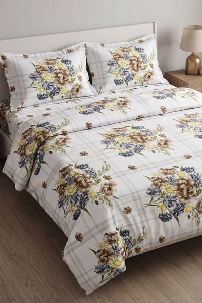 %100 Pamuk Kumaş Yeni Buket Desen Çift Kişilik Nevresim Takımı Kahve