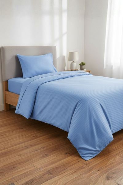 120 x 200 Yataklar İçin Çizgili Pamuk Saten Nevresim Takımı Mavi