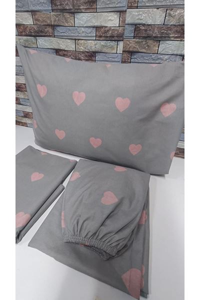 120 x 200 Yataklar İçin Pamuklu Kalp Desen Nevresim Takımı Gri