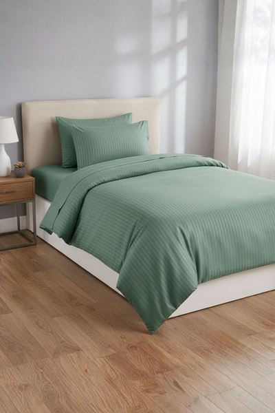 120 x 200 Yataklar İçin Çizgili Pamuk Saten Nevresim Takımı Yeşil
