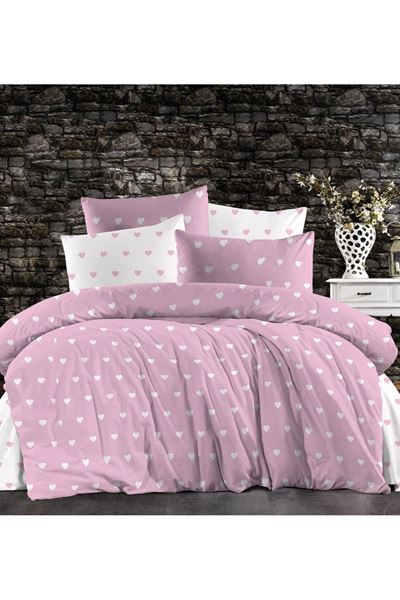 120 x 200 Yataklar İçin Pamuklu Ranforce Kumaş Nevresim Takımı Pembe Kalp