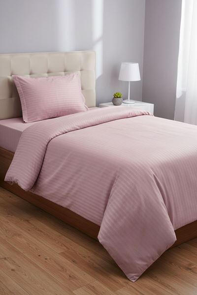 120 x 200 Yataklar İçin Çizgili Pamuk Saten Nevresim Takımı Pudra