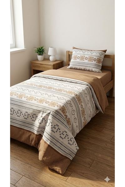 120 x 200 Yataklar İçin Pamuklu Kanaviçe Desen Nevresim Takımı Kahverengi