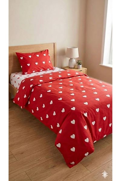 120 x 200 Yataklar İçin Pamuklu Kalp Desen Nevresim Takımı Kırmızı