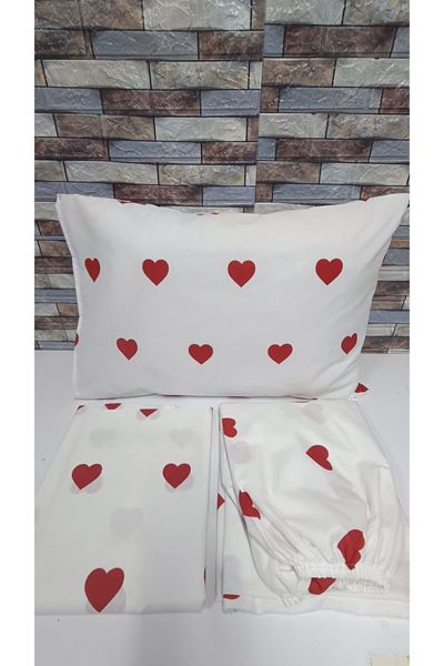 120 X 200 Yataklar İçin Pamuklu Kalp Desen Nevresim Takımı Beyaz Kırmızı