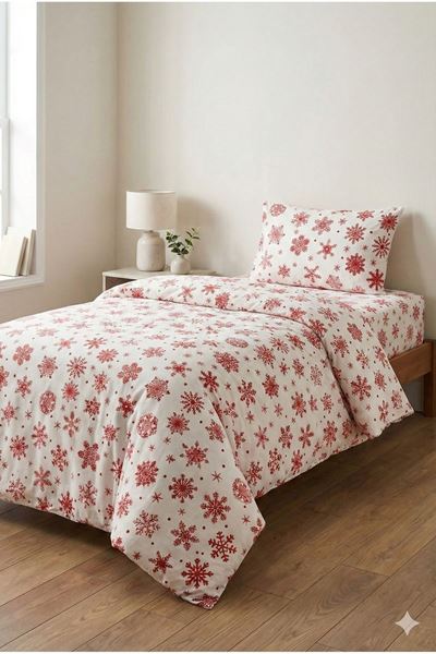 120 x 200 Yataklar İçin Kar Desen Pamuklu Nevresim Takımı Beyaz