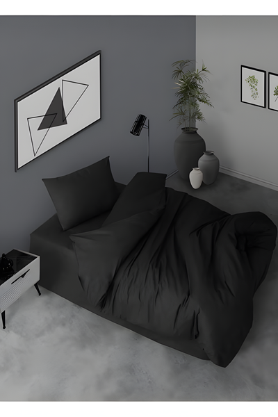 120 X 200 Yataklar İçin Ranforce Lastikli Çarşaflı Nevresim Takımı Simple Siyah