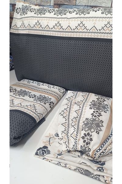 120 x 200 Yataklar İçin Kanaviçe Desen Pamuklu Nevresim Takımı Gri