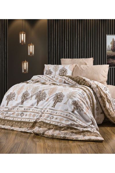 120 x 200 Yataklar İçin Pamuklu Ağaç Desen Nevresim Takımı  Kahverengi
