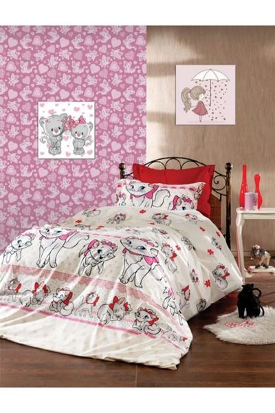 120 x 200 Yataklar İçin Kedi Desen Nevresim Takımı Kırmızı