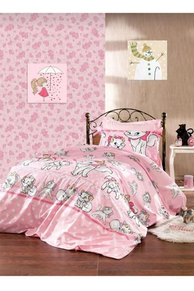 120 x 200 Yataklar İçin Kedi Desen Nevresim Takımı Pembe
