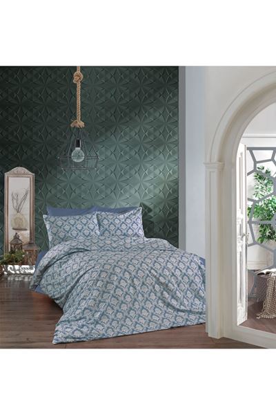 120 x 200 Yataklar İçin Pamuklu Nevresim Takımı ( Şal-Damaks Desen ) Mavi