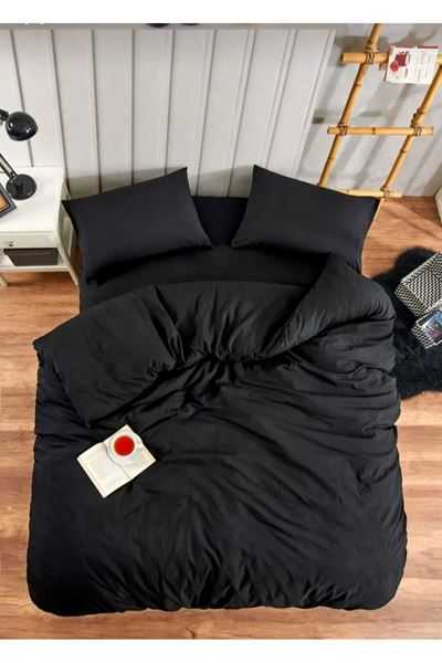 120 x 200 Yataklar İçin Pamuklu Nevresim Takımı Düz Renk Siyah