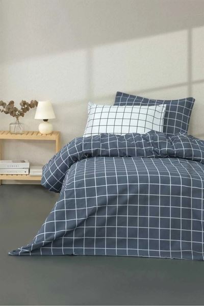120 x 200 Yataklar İçin Pamuklu Ekose Nevresim Takımı Kareli Antrasit