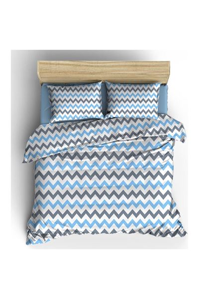 120 x 200 Yataklar İçin Pamuklu Ranforce Kumaş Nevresim Takımı Mavi Zikzak