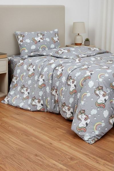 120 x 200 Yataklar İçin Unicorn Pamuklu Kız Çocuk Lastikli Çarşaflı Nevresim Takımı Gri