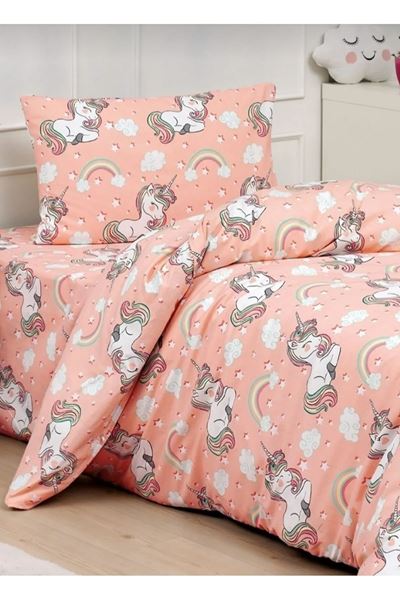 120 x 200 Yataklar İçin Unicorn Pamuklu Kız Çocuk Lastikli Çarşaflı Nevresim Takımı Somon