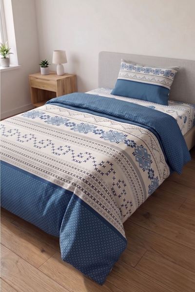 120 X 200 Yataklar İçin Kanaviçe Desen Pamuklu Nevresim Takımı Mavi