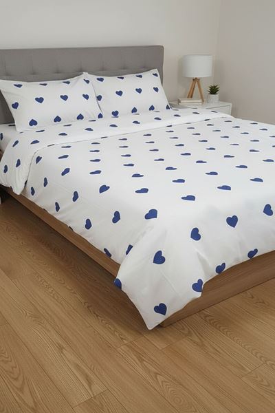Pamuklu Kalp Desen Çift Kişilik Nevresim Takımı (Çarşafı Lastikli) Beyaz Mavi